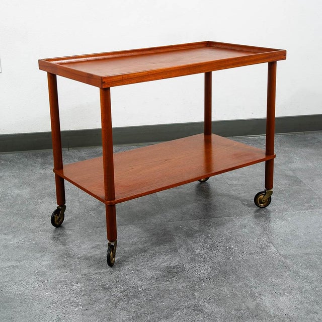 Wood 1960s Mid Century Danish Modern Serving Cart Trolley Teak Rolling Bar Glass Serving Vg For Sale - Image 7 of 12