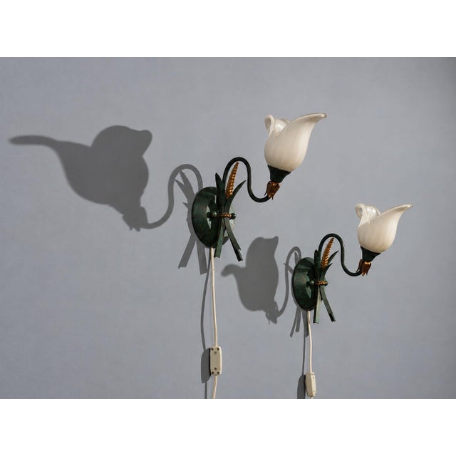 1960s 1960s Italian Floral Wall Sconces, Green Metal, Bronze, Glass - Pair For Sale - Image 5 of 12