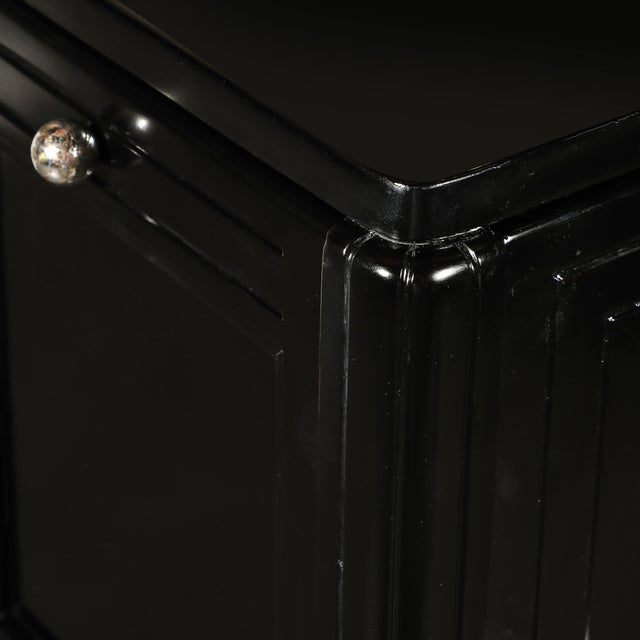 Art Deco Machine Age Bar Cabinet in Black Lacquer With Swivel and Drop Doors For Sale - Image 14 of 18