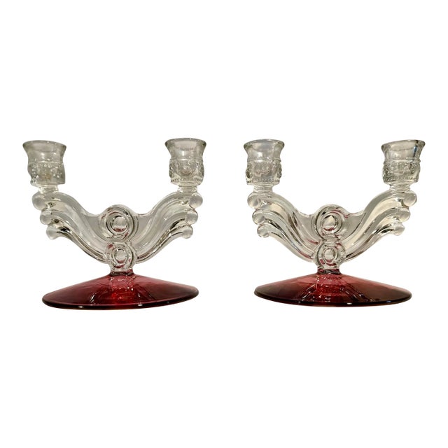 1930s Art Deco Double Candle Holders with Cranberry Base For Sale