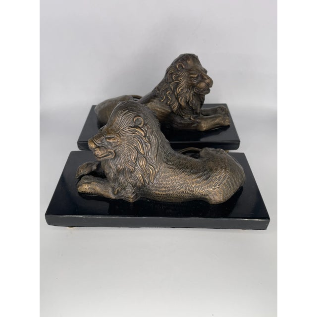 Modern Bombay Company Solid Brass Lion Bookends on Black Marble Bases — Regal Classical Pair For Sale - Image 3 of 6