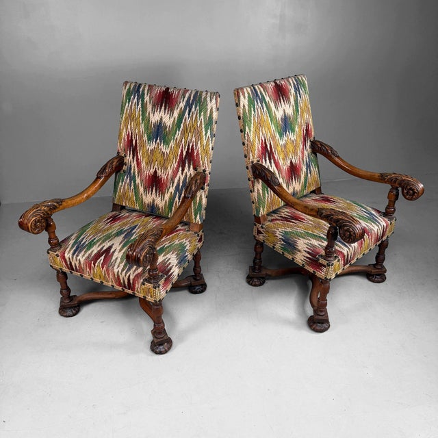 Antique Armchairs in Walnut with Ikat Pattern, Late 19th Century, Set of 2 For Sale - Image 12 of 18