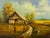 Charming vintage landscape oil painting featuring a weathered barn nestled among golden fields beneath an expansive sky....