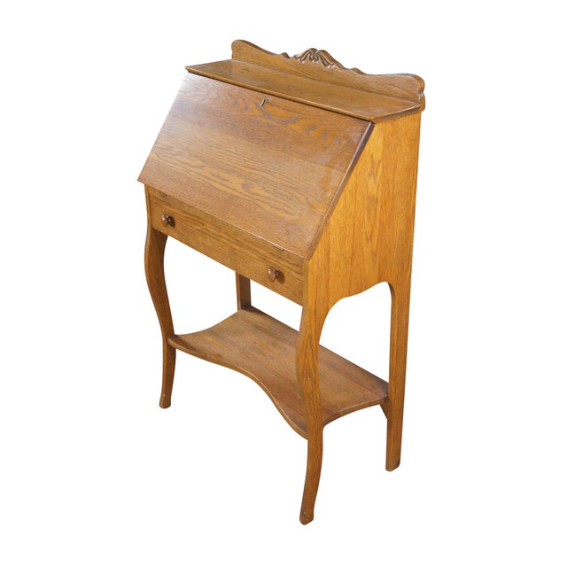 Victorian Antique Late Victorian Petite Oak Slant Top Secretary Ladies Writing Desk 28" For Sale - Image 3 of 12