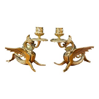 Pair of Vintage Bronze Dragon Candlesticks For Sale