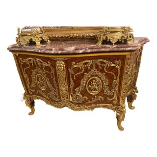1960s French Louis XV Style Ormolu-Mounted Bombe Commode with Marble Top Exquisite Marquetry Chest For Sale