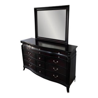 11-Drawer Traditional Espresso Bow-Front Dresser With Mirror & Jewelry Storage For Sale