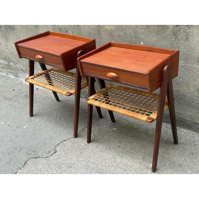 Vintage Danish Teak Nightstands with Rattan Shelves by Søren Rasmussen, 1965, Set of 2 For Sale - Image 3 of 7