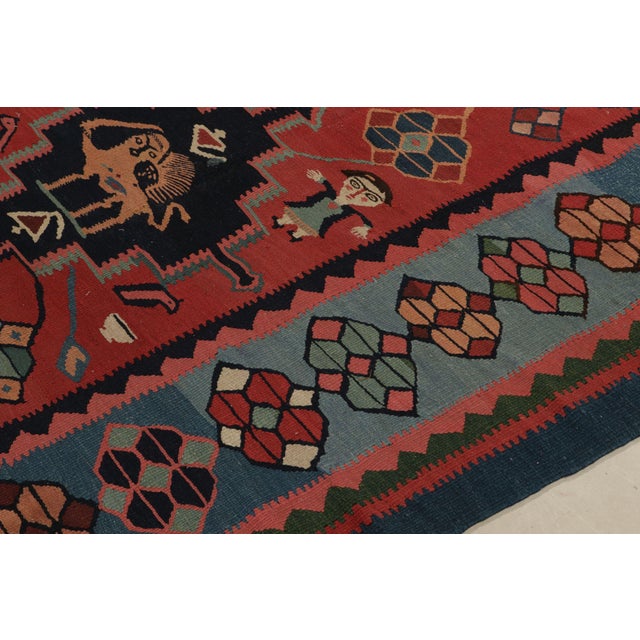Antique Bidjar Kilim Rug in Red, Blue Tribal Geometric Pattern For Sale - Image 4 of 8