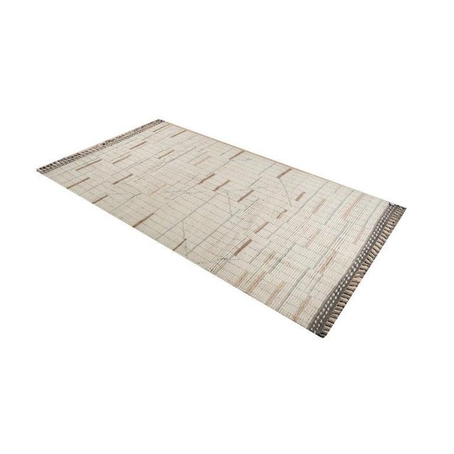 Contemporary 5x9 Ivory Hand-Knotted Wool Linear Gridwork Modern Geometric Carpet Rug For Sale - Image 3 of 7