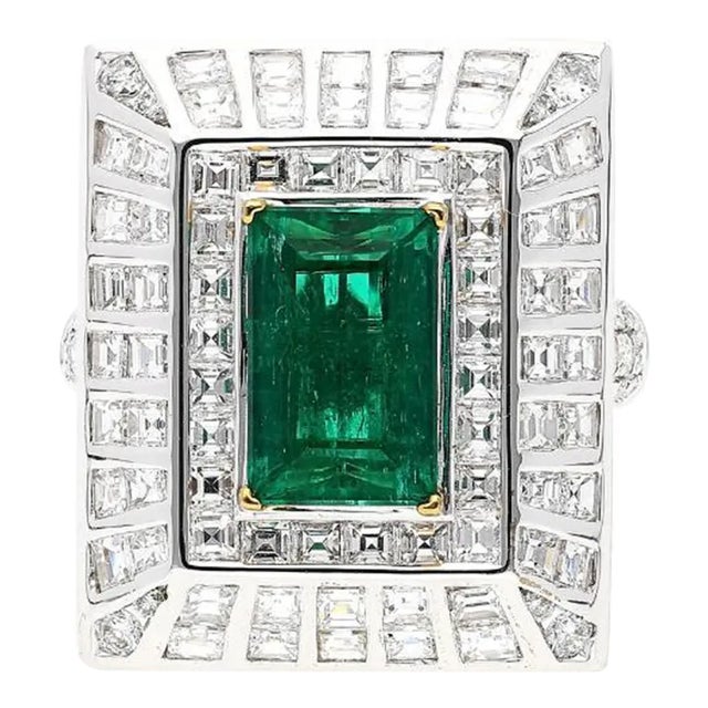 5.17 Carat Colombian Emerald & Baguette Diamond Rectangle Art Deco Frame Ring Size 6 For Sale