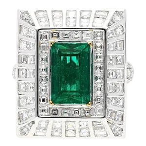 5.17 Carat Colombian Emerald & Baguette Diamond Rectangle Art Deco Frame Ring Size 6