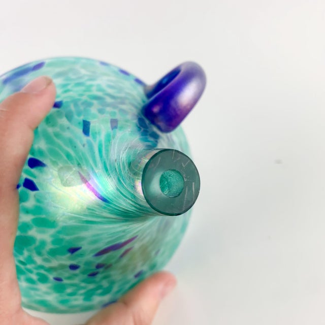 Glass Vintage Iridescent Oil Lamp Art Glass Loop Handle Green Blue Rainbow For Sale - Image 7 of 7
