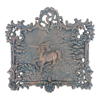 Vintage Cast Iron Horse Themed Fireback For Sale
