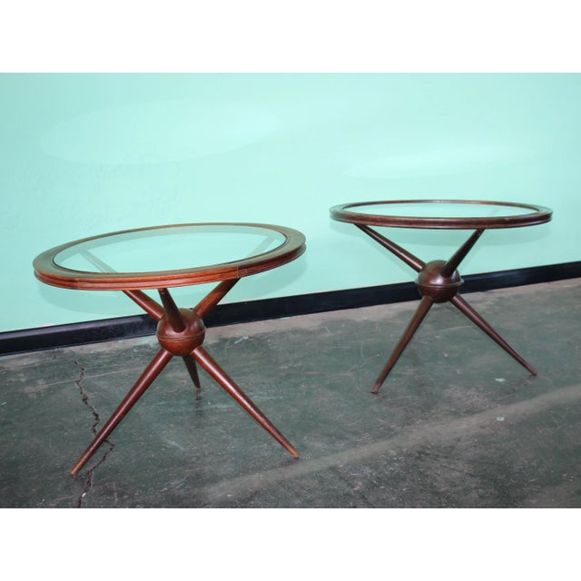 Sputnik Wood and Glass Round Coffee Table Set, Set of 2 For Sale - Image 11 of 11