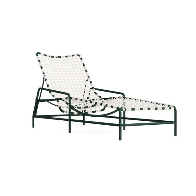Brown Jordan Kantan Aluminum Chaise Lounge in Forest Green with White Suncloth Strapping For Sale