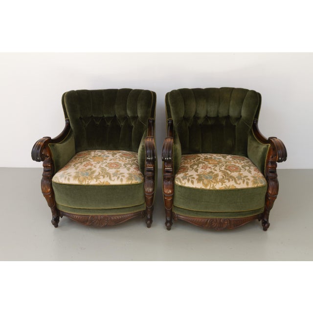 Green Danish Carved Lounge Chairs in Green Velvet, 1920s, Set of 2 For Sale - Image 8 of 18