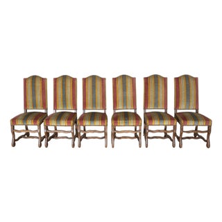 Mid 20th Century Set of Six Pegged Oak Mutton-Leg Dining Chairs with Striped Upholstery For Sale