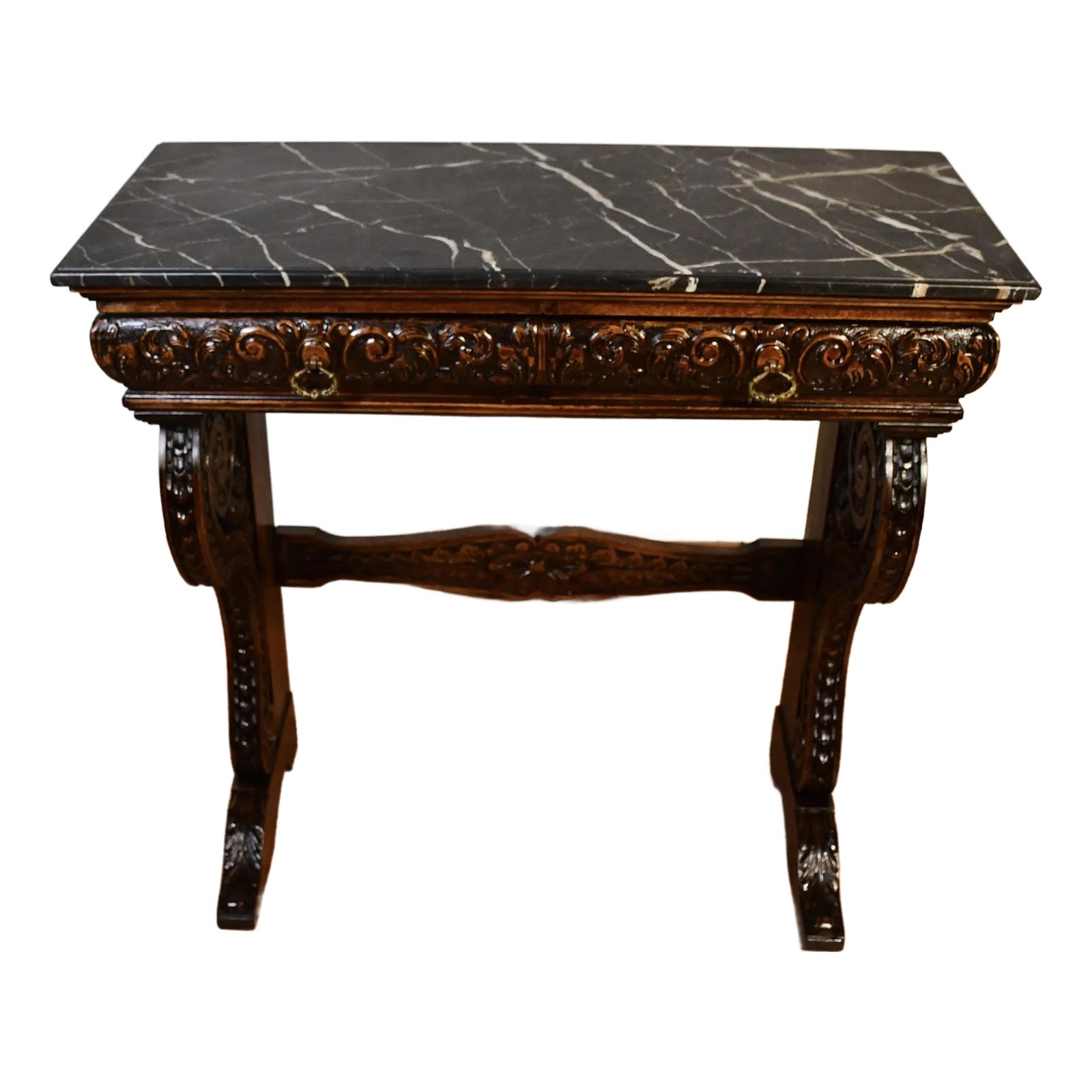 1900s Antique French Renaissance Revival Carved Oak & Marble Top ...