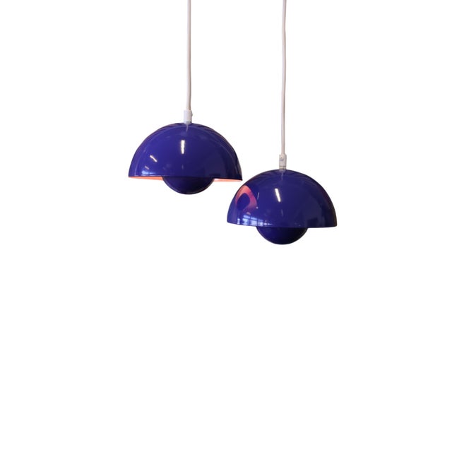 Vintage Pendant Lamp in Cobalt Blue Metal and Red Inside Cup by Verner Panton for Louis Poulsen, 1960s, Set of 2 For Sale - Image 12 of 16