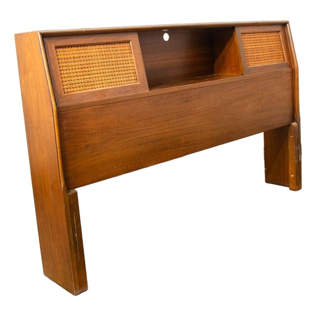 Mid Century Modern Headboard Bed Frame Full Size Cane Doors Walnut Vintage MCM For Sale