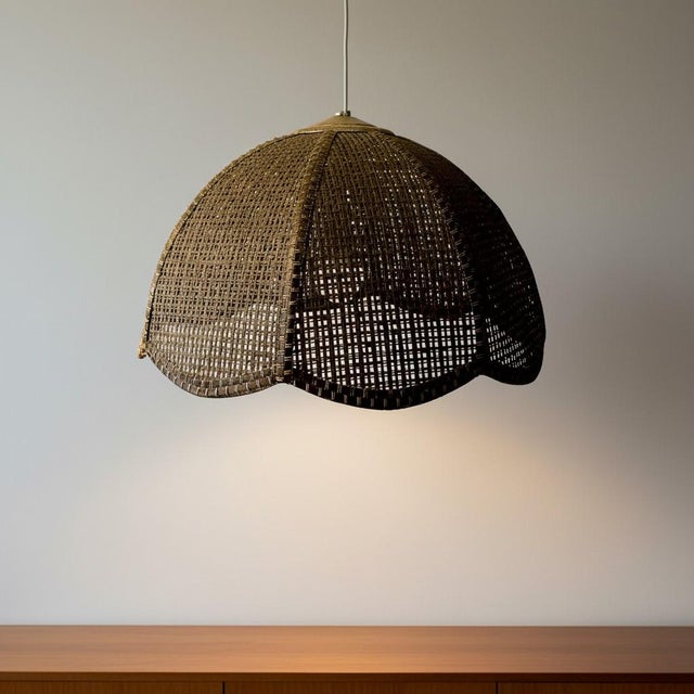 Mid Century Modern 70's Dark Brown Cane Wicker Rattan Pendant Lamp Hanging Light Fixture For Sale - Image 9 of 12