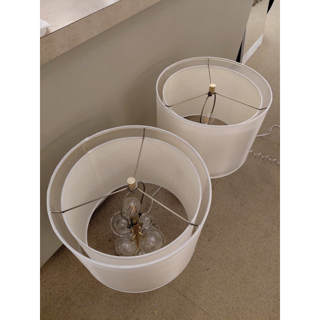 Brass Mid Century Modern Glass and Brass Bubble Lamps With Double Drum Shades For Sale - Image 8 of 8