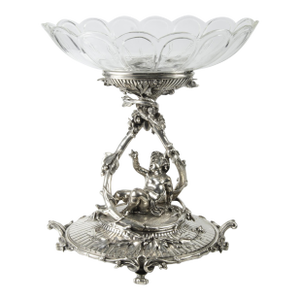 Late 19th Century Christofle Rococo Revival Silvered Metal Decorative Centerpiece of Reclining Child With Baccarat Cut Crystal Compote Bowls, France