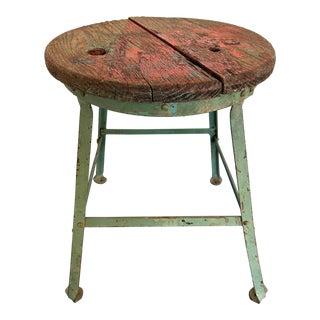 Vintage Distressed Metal Industrial Stool With Wooden Seat For Sale