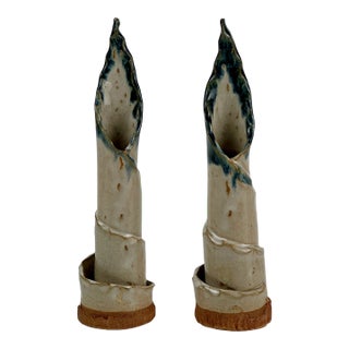 Pair of Vintage Twirling Ceramic Candlestick Holders Ending in Flaming Victory For Sale