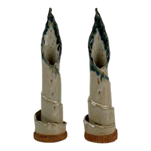 Pair of Vintage Twirling Ceramic Candlestick Holders Ending in Flaming Victory