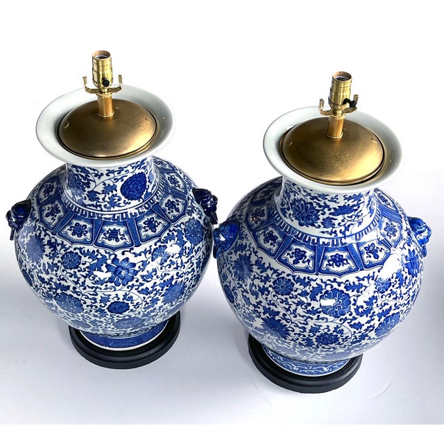 Ceramic Massive Pair of Chinese Blue & White Urn-Form Lamps For Sale - Image 7 of 8