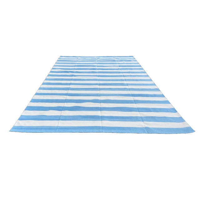 Handmade Cotton Area Rug, Natural Vegetable Dyed, Sky Blue and White Striped Dhurrie - 6'x9' For Sale - Image 9 of 12