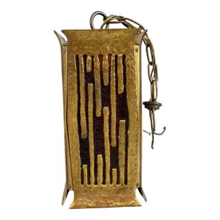 1940s Arts and Crafts Brass Electrified Lamp With Amber Slag Glass For Sale