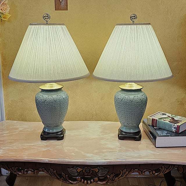 Chinoiserie Late 20th Century Reticulated Celadon Chinoiserie Porcelain Table Lamps With Pleated Shades - 29" - a Pair For Sale - Image 3 of 18