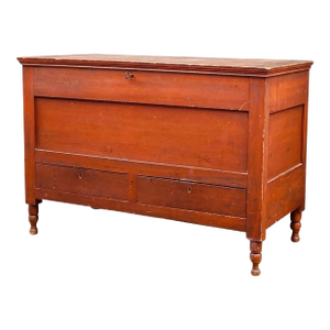 19th C Antique Federal Period Red Wash Blanket Box With 2 Drawers