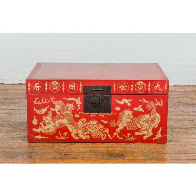 Chinese Vintage Red Lacquer Blanket Chest with Gilded Bat, Guardian Lion, Cloud Motifs For Sale - Image 3 of 12