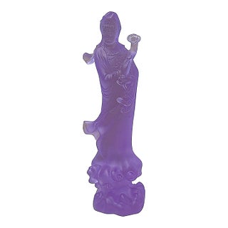Light Purple Crystal Glass Standing Ru Yi Bodhisattva Kwan Yin Statue For Sale