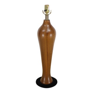 Modern Solid Carved Turned Teak Vase Table Lamp For Sale