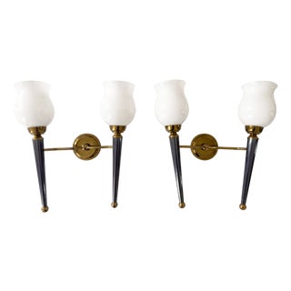 Two-Light Sconces in Gilded & Blue Toned Metal attributed to the House of Jansen, Set of 2 For Sale