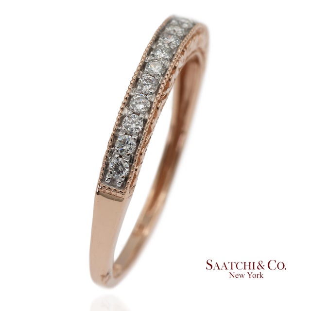 Rose 14k 585 Solid Rose Gold Engraving and Milgrain Natural Diamond Band Ring, Size 8 For Sale - Image 8 of 12