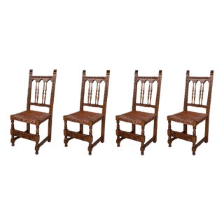 19th Set of Four Spanish Carved Chairs with Leather Seat and Back For Sale