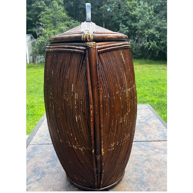 Vintage Coastal Monumental Pencil Reed Lidded Basket For Sale - Image 4 of 12
