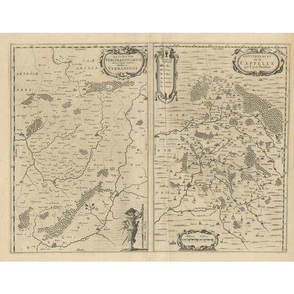 Antique map of France titled 'Descriptio Veromanduorum - Gouvernement de la Cappelle'. Two detailed maps of France on one...