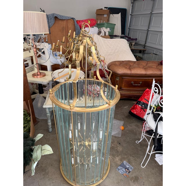 Hollywood Regency 1980s Monumental 4-Foot Hollywood Regency Brass & Beveled Glass 6-Light Cylinder Foyer Chandelier For Sale - Image 3 of 4