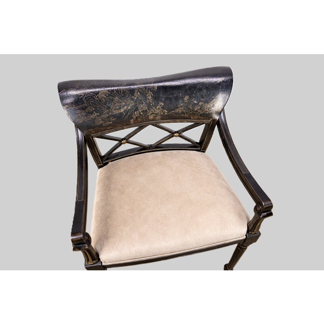Black Late 20th Century Pair of Regency-Style Chinoiserie Ebonized Armchairs With Hand-Painted Scenic Decoration, Upholstered in Kravet Versailles Velvet For Sale - Image 8 of 11