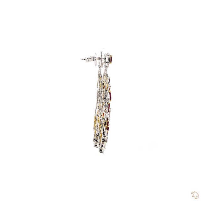 Ruby Red 3.49 Carat Round Brilliant Cut White Diamond Blue Diamond Ruby Gold Earrings, Pair For Sale - Image 8 of 9