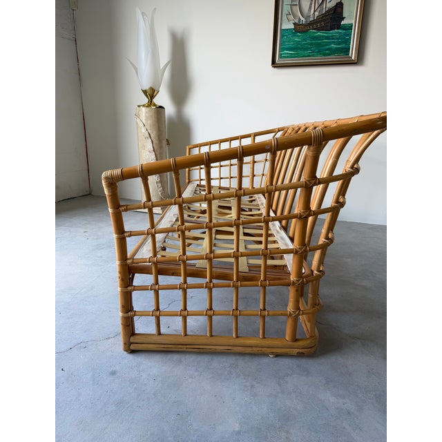 Vintage Ficks Reed Style Bamboo Rattan Sofa With Floral Print Upholstery For Sale - Image 9 of 12
