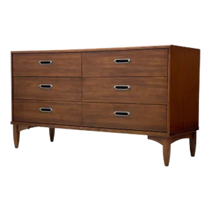 1970s Vintage Mid-Century Modern Drexel Lowboy Dresser, 6-Drawer Walnut-Tone Case With Dovetail Joinery and Original Recessed Hardware