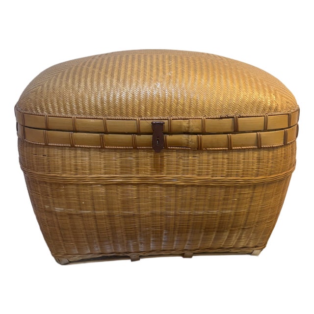 Asian Herringbone-Weave Rattan & Bamboo Storage Chest For Sale